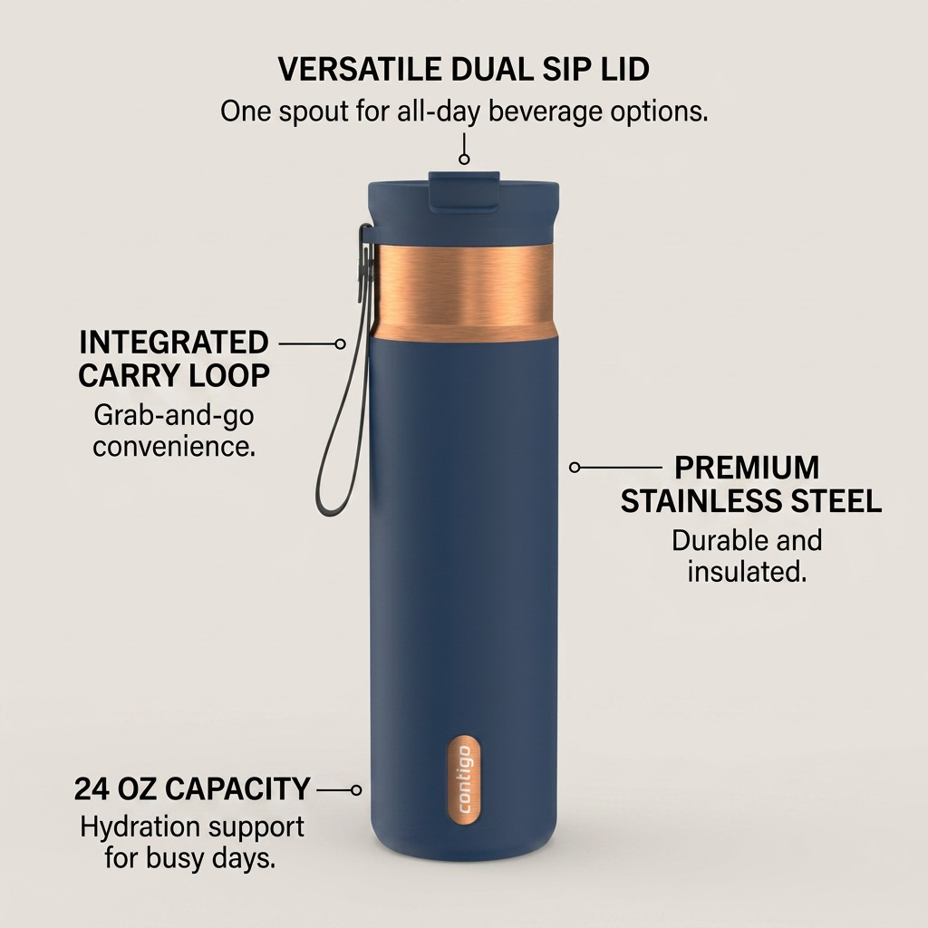 Contigo 24 oz Dual Sip Bottle in Abyss blue with labels for lid, carry loop, and stainless steel.