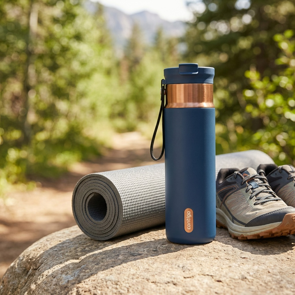 Contigo 24 oz Dual Sip PVD bottle in Abyss blue on a rock with a yoga mat and trail shoes outdoors.
