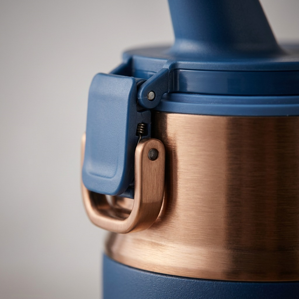 Macro detail of the Contigo 24 oz Dual Sip PVD Abyss bottle showing a copper latch and blue lid.