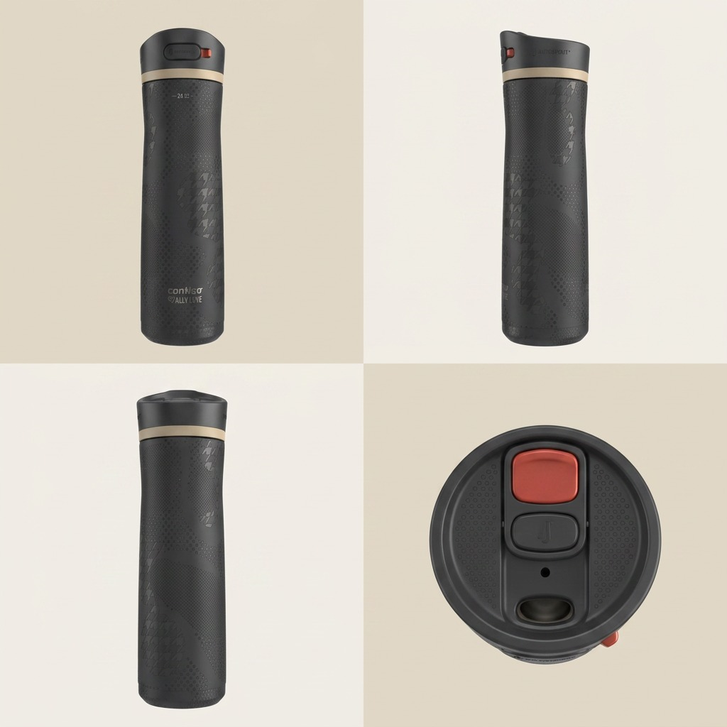 An ecommerce grid displaying four views of the Contigo x Ally Love water bottle from front, side, back, and top.