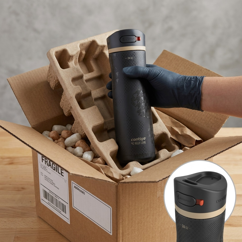 Unboxing of the Contigo x Ally Love water bottle from a protective shipping box with molded paper pulp.