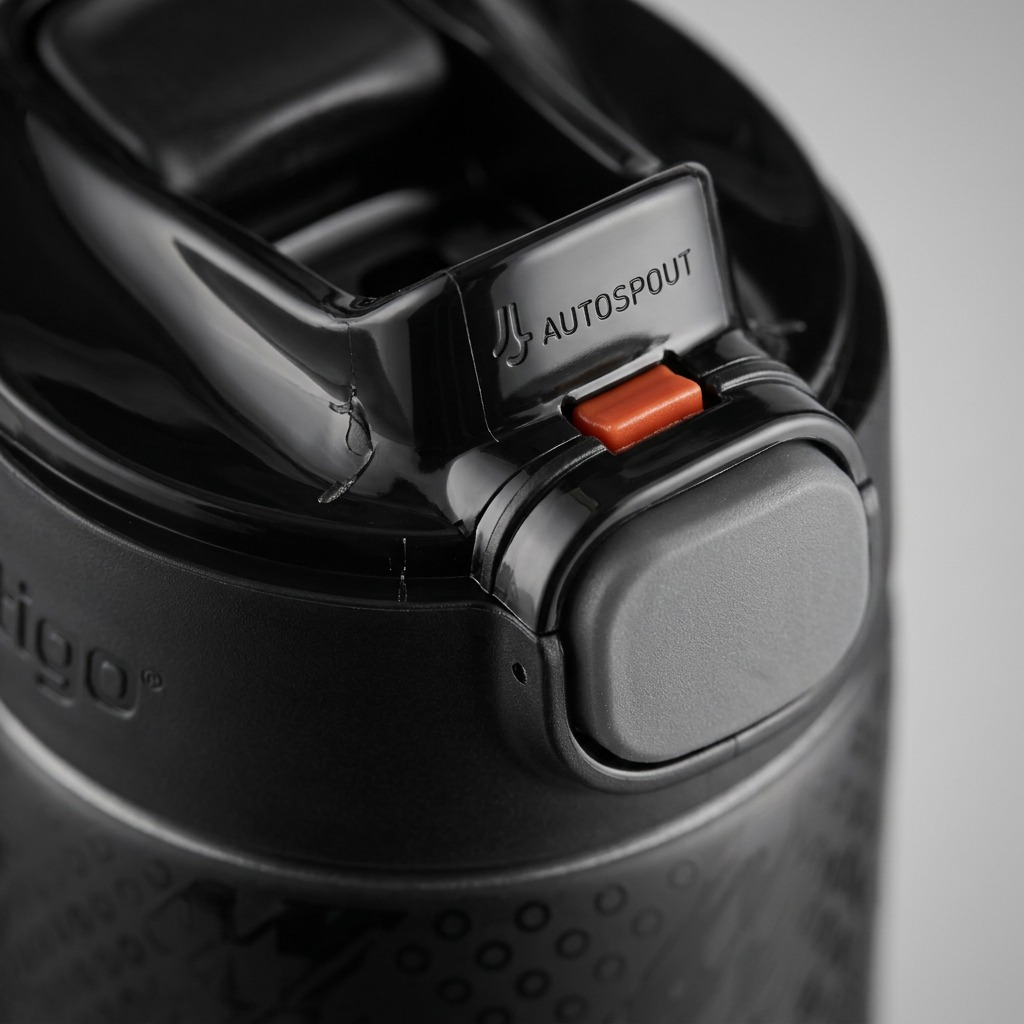 Extreme close-up of the AUTOSPOUT mechanism and textured lid on the Contigo x Ally Love water bottle.