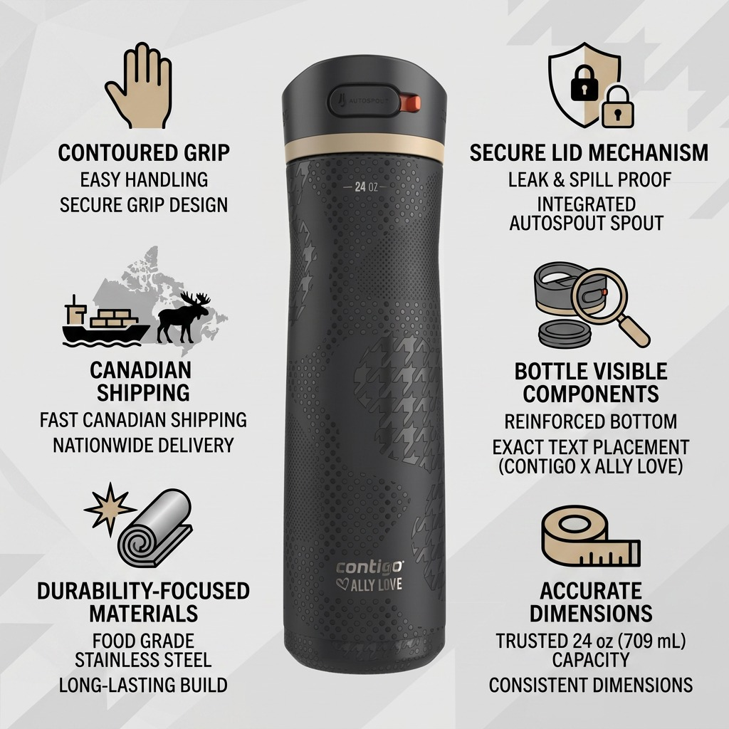 Trust and authority infographic matrix for Contigo x Ally Love water bottle, highlighting key features.