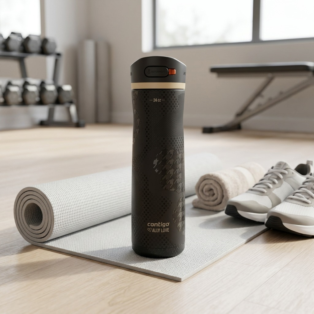 Lifestyle shot: The Contigo x Ally Love Ashland Chill 2.0 Licorice bottle sits on a yoga mat in a light gym.