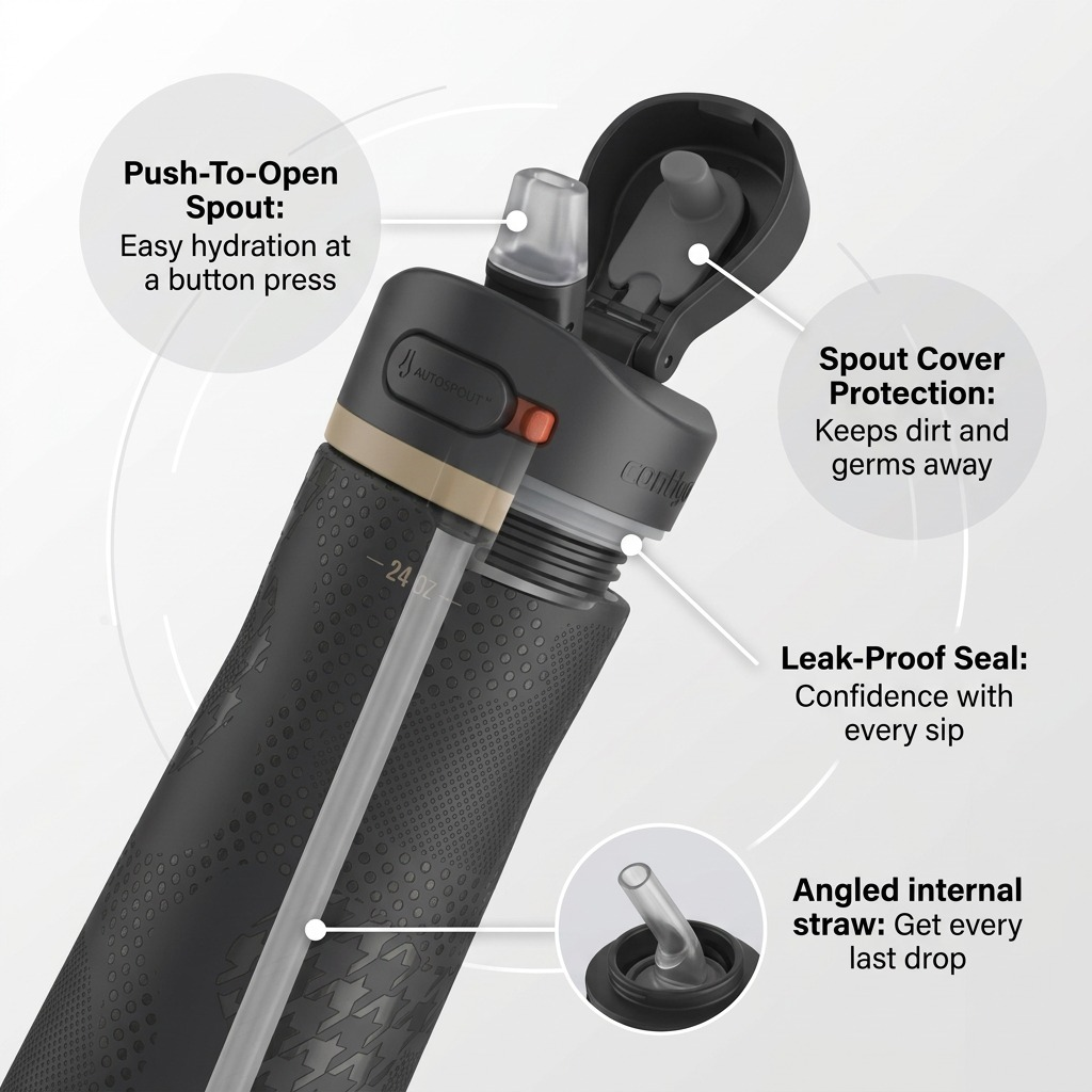 An infographic image of the Contigo x Ally Love water bottle highlighting its mechanical and ergonomic features, including the push-button spout and protective cover.
