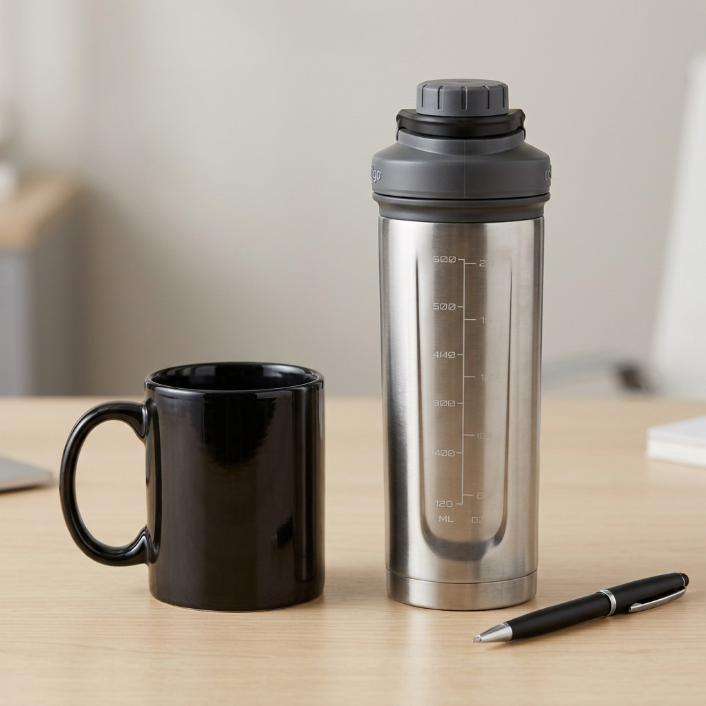 Contigo 24 oz AutoPop stainless shaker bottle shown beside a standard coffee mug for scale.