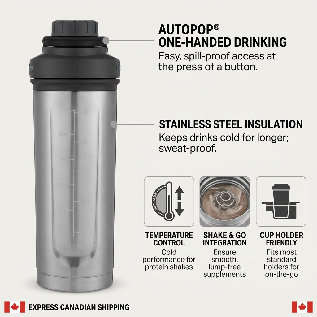 Contigo 24 oz AutoPop Stainless Shaker diagram showing one-handed drinking and vacuum insulation.