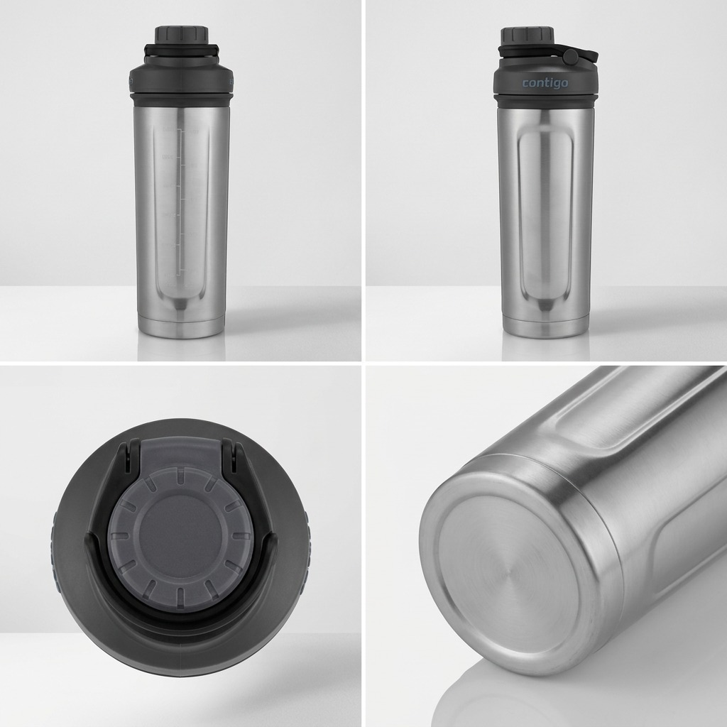 Four views of a silver Contigo 24 oz stainless steel shaker bottle, showing cap, base, and profile.