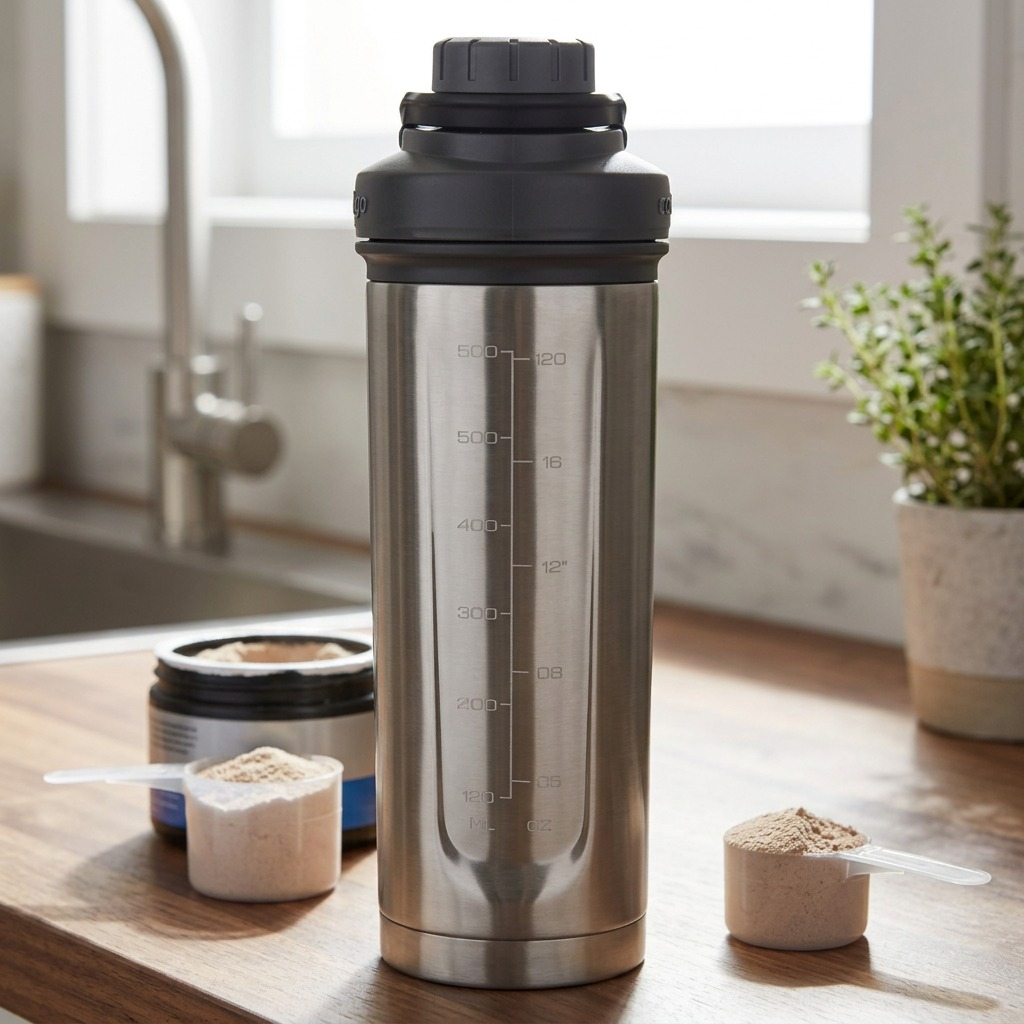 A Contigo 24 oz stainless steel shaker bottle on a wooden counter with scoops of protein powder.