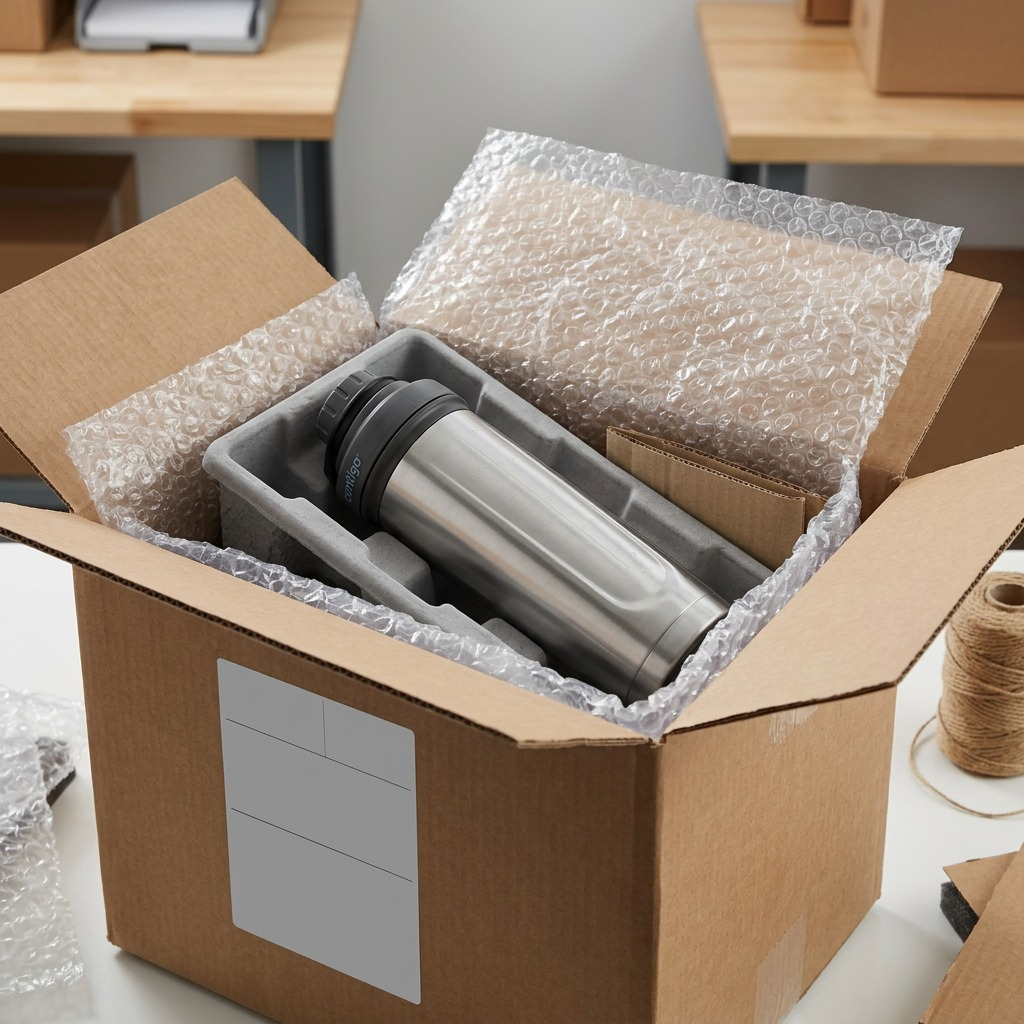 A Contigo 24 oz stainless steel shaker bottle securely packed in a box with bubble wrap and tray.