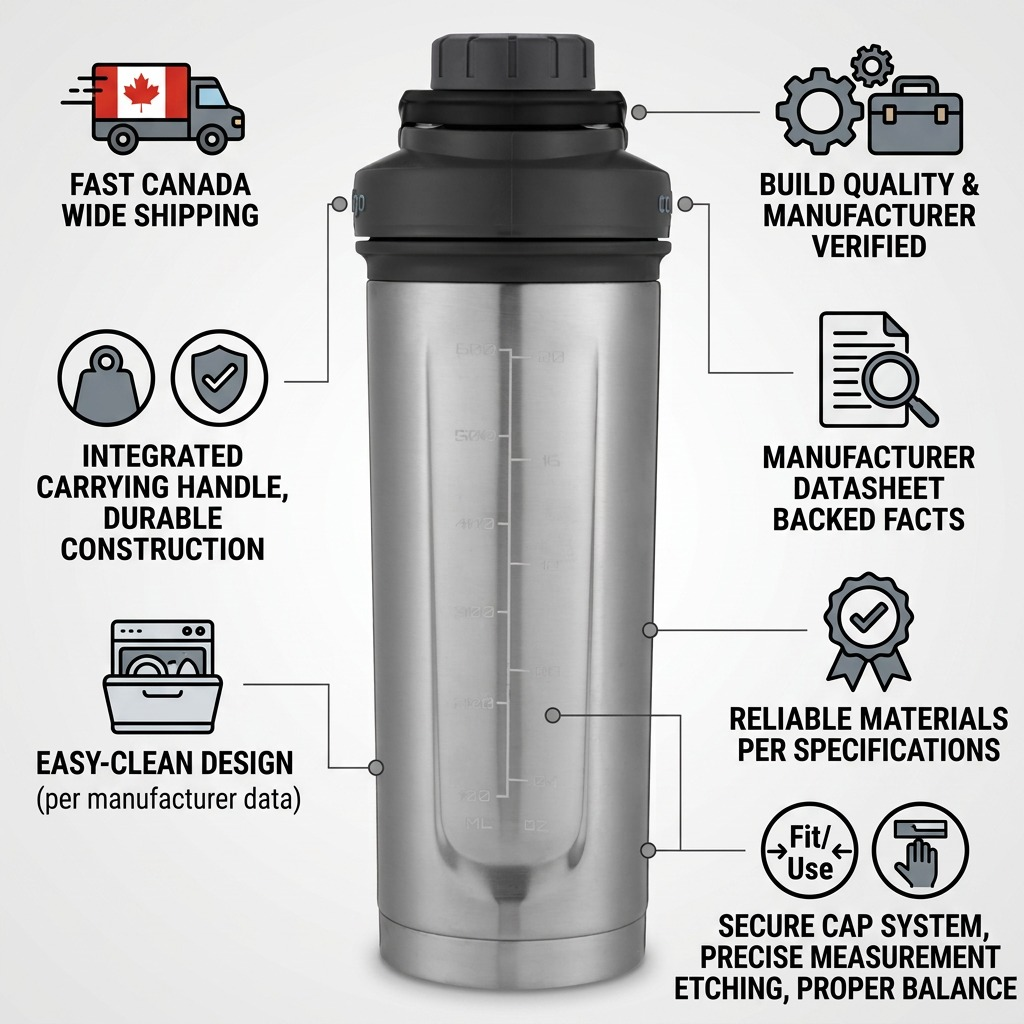 Infographic for Contigo 24oz Stainless Steel Shaker Bottle highlighting reliable manufacturer specs.