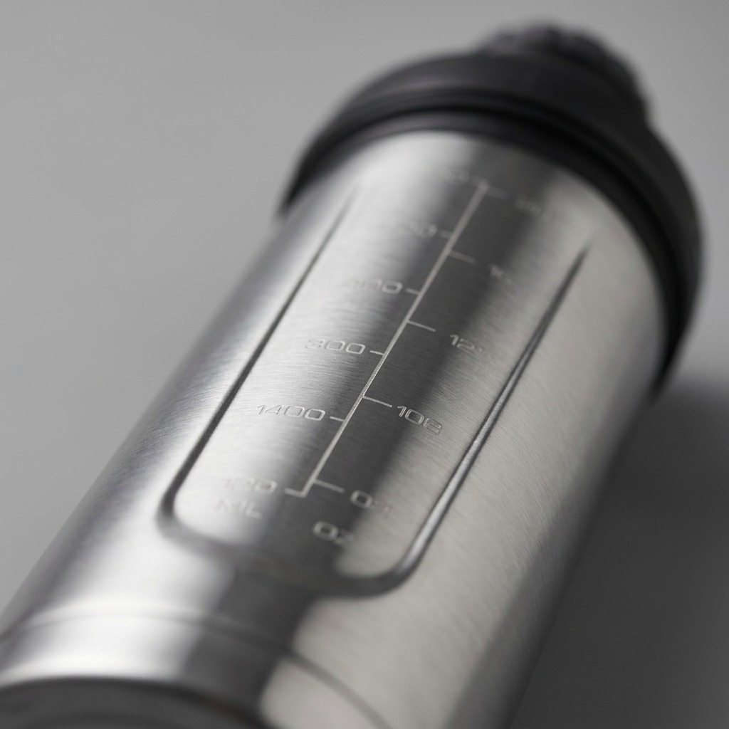 Macro detail of etched measurement markings in ounces and milliliters on a Contigo stainless steel shaker bottle.