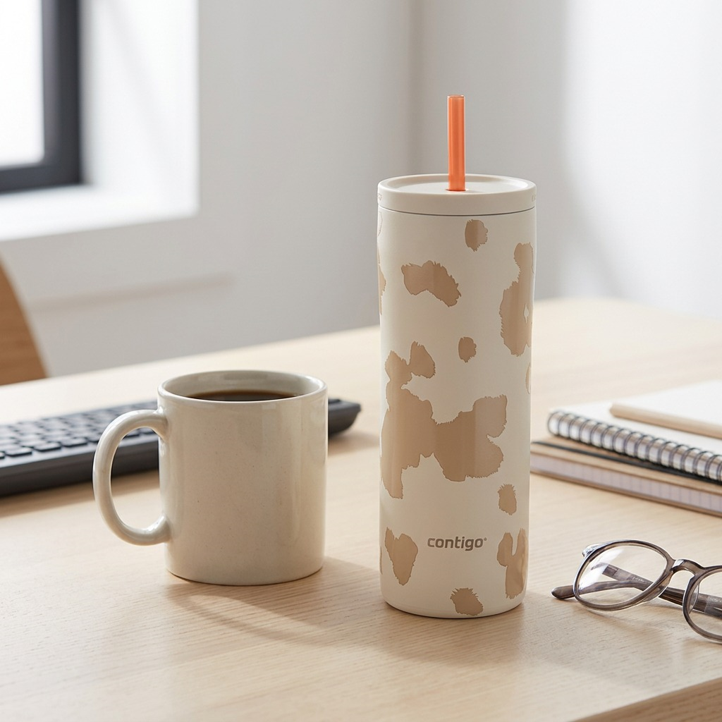 A 24oz Contigo Streeterville Tumbler in Oatmilk cow print sitting on a desk next to a coffee mug.