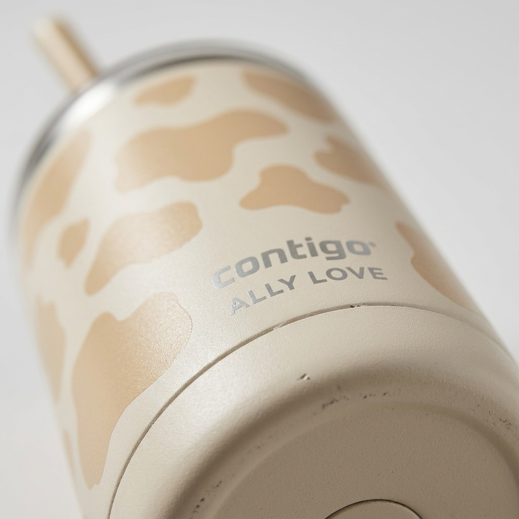 Macro detail of a Contigo x Ally Love Streeterville 2.0 oatmilk tumbler with cow print texture.