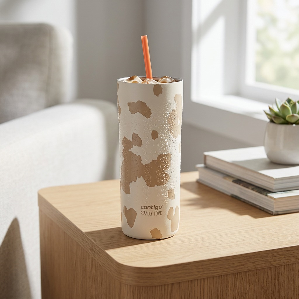 Contigo x Ally Love Streeterville 2.0 Oatmilk tumbler with ice and straw on a bright wooden table.