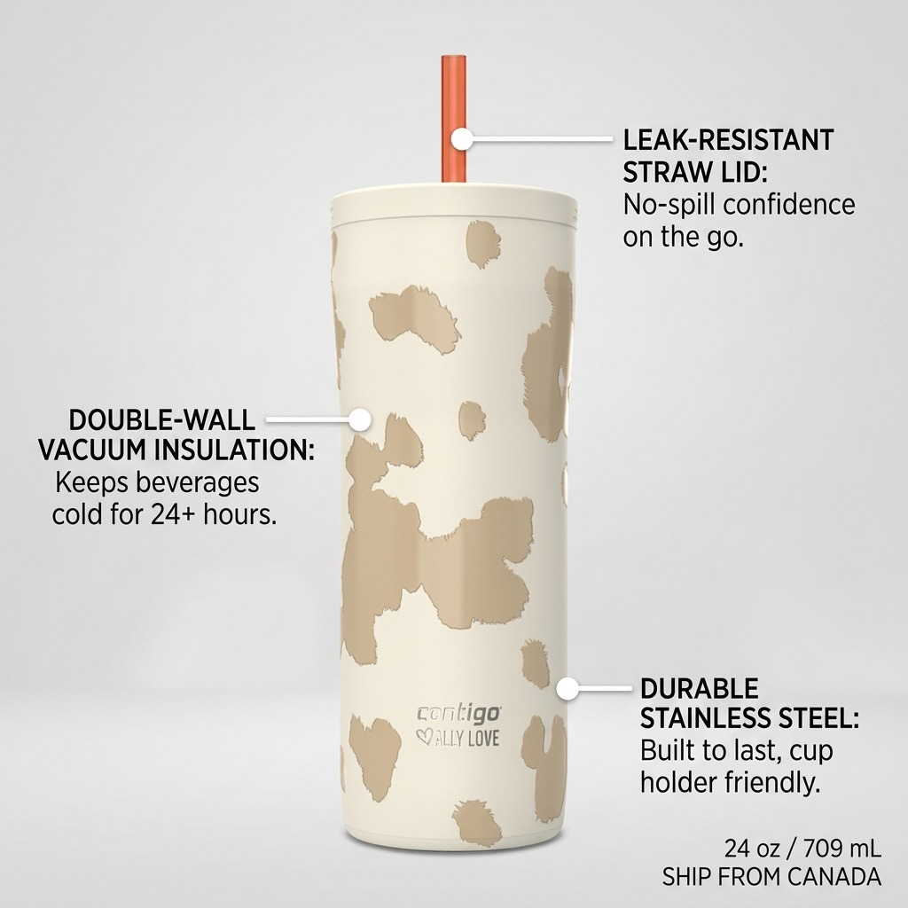 Contigo x Ally Love Streeterville 2.0 Tumbler features: straw lid, vacuum insulation, and stainless steel.