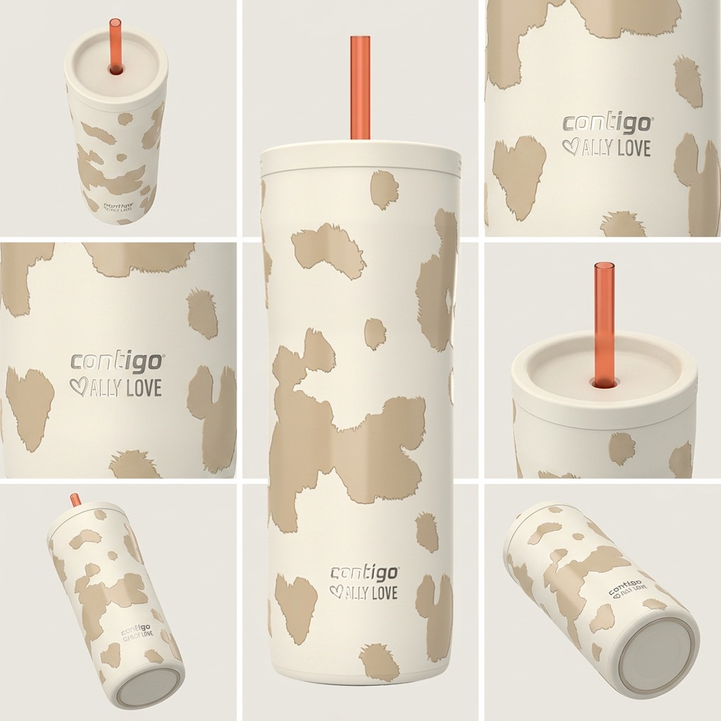 Grid of views for the Contigo x Ally Love Streeterville 2.0 Tumbler in Oatmilk with cow print.
