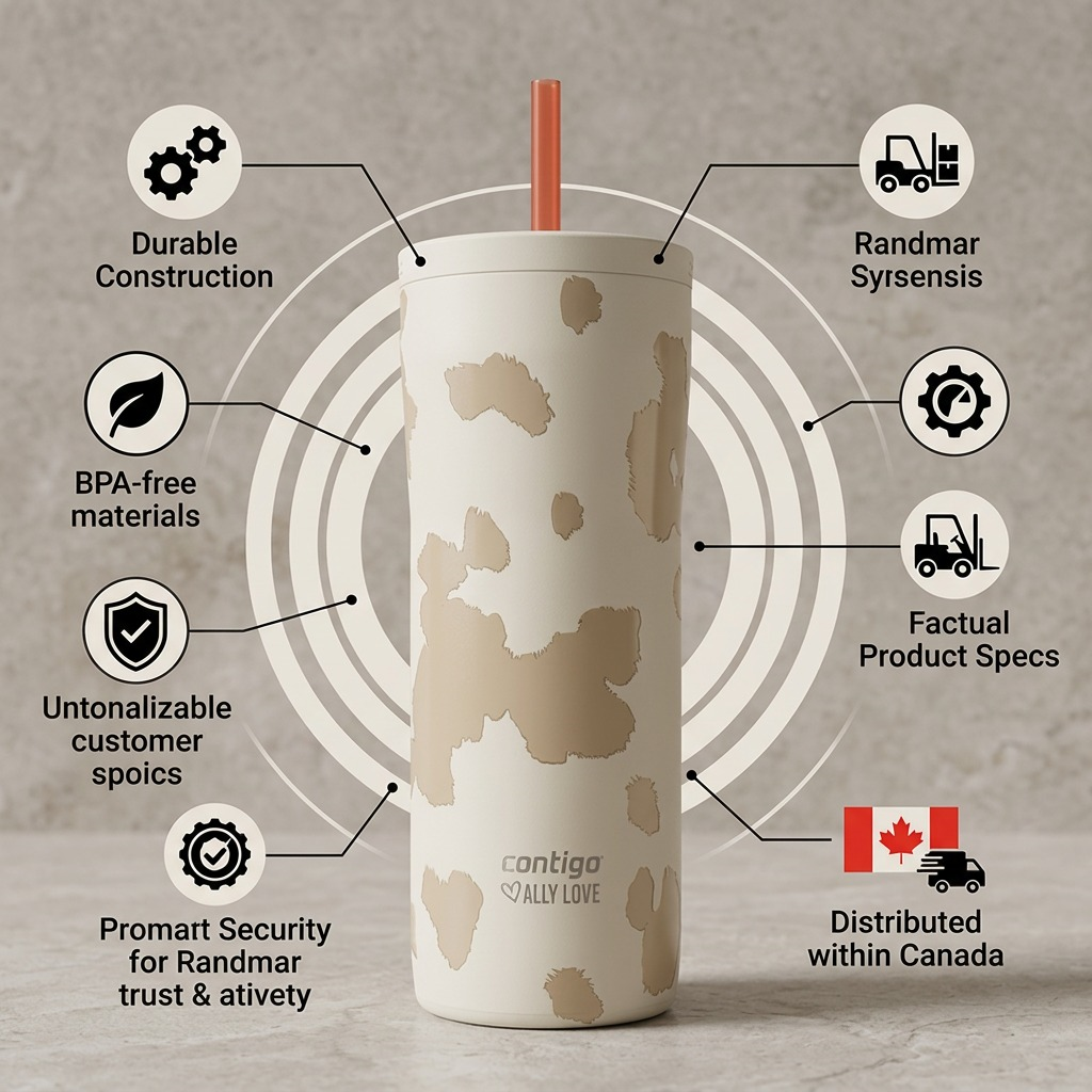 Contigo Ally Love Streeterville 2.0 tumbler infographic highlighting BPA-free materials and Canadian shipping.