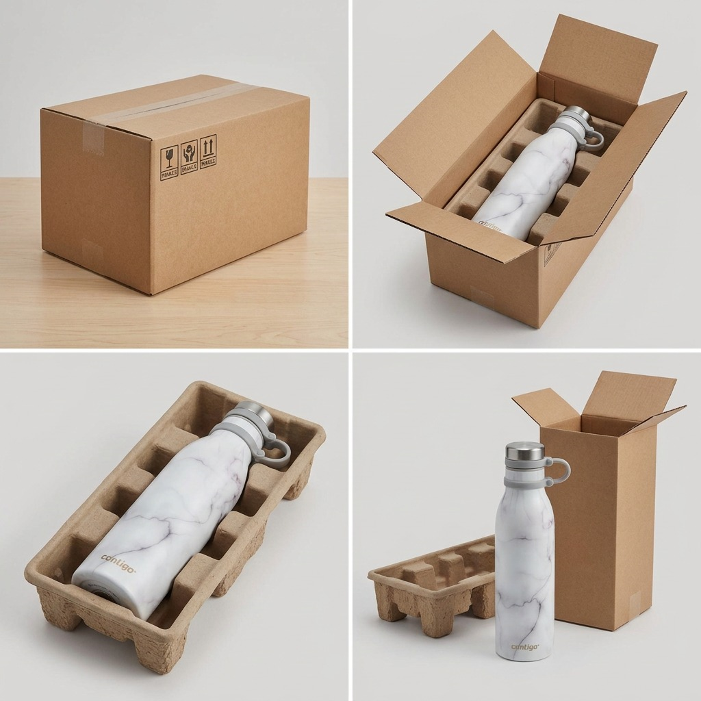 Unboxing the white marble Contigo Couture water bottle from a protective shipping box and insert.
