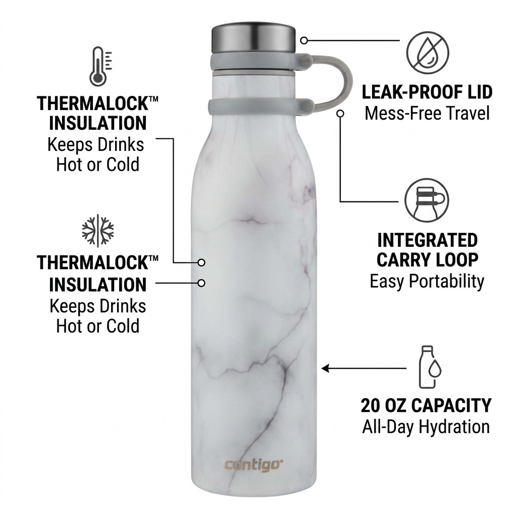 Contigo Couture Matterhorn 20oz bottle in white marble with Thermalock insulation and carry loop.