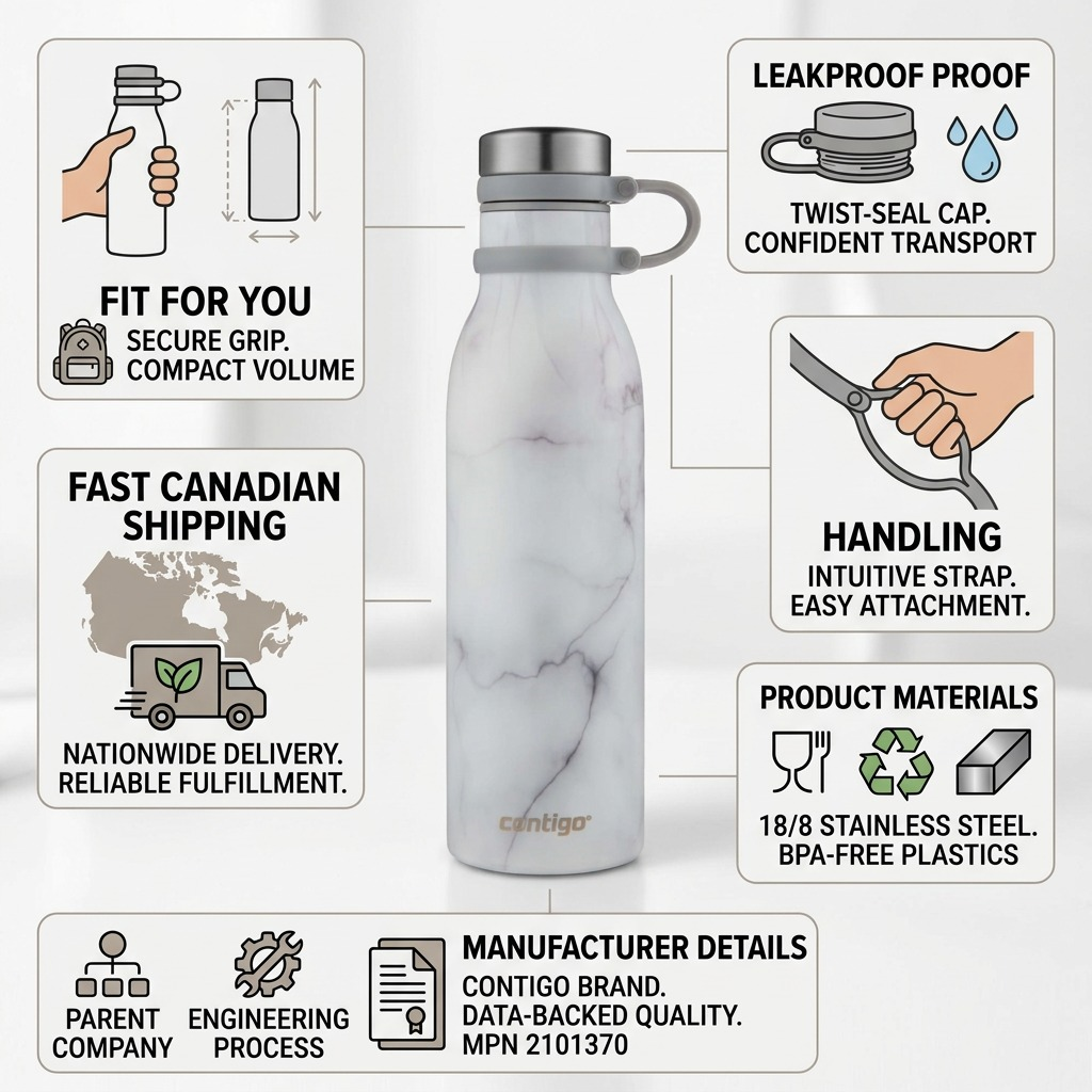 Infographic for Contigo White Marble water bottle detailing leakproof cap, durable 18/8 stainless steel, and fast Canadian shipping.