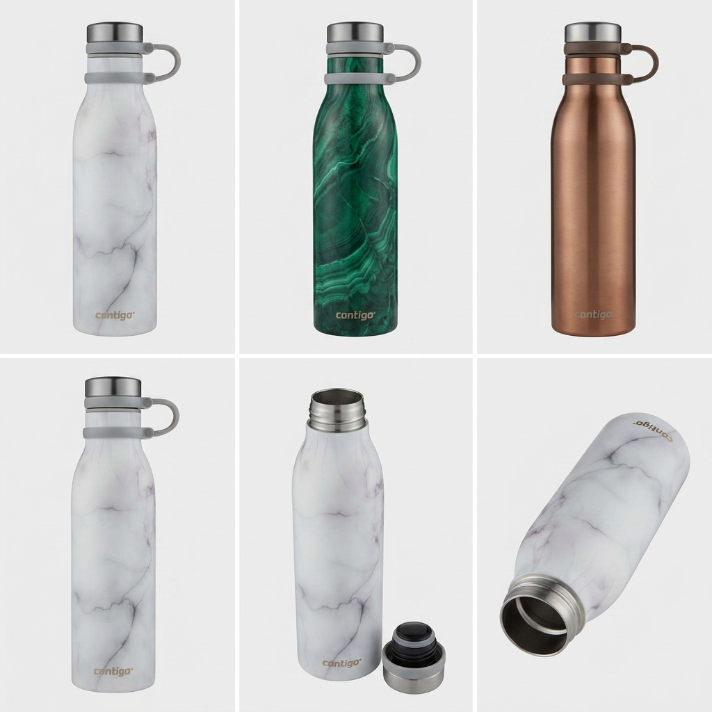 Grid showing Contigo Couture water bottles in white marble, green, and copper, with lid-off views.