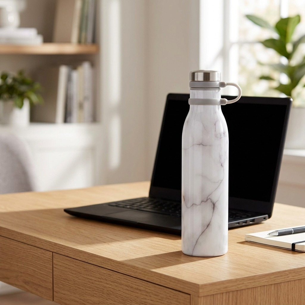 White marble Contigo Couture Matterhorn water bottle on a wooden desk next to a laptop.