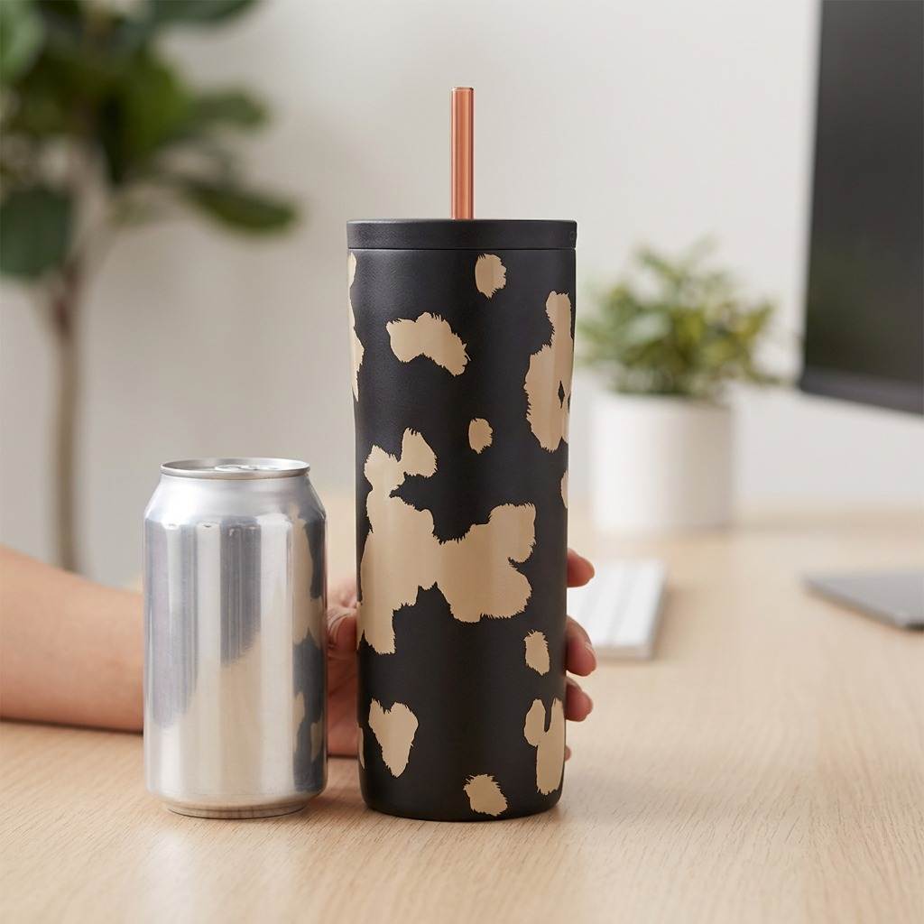 A 24oz Contigo Streeterville tumbler in Licorice print next to a standard soda can for scale.