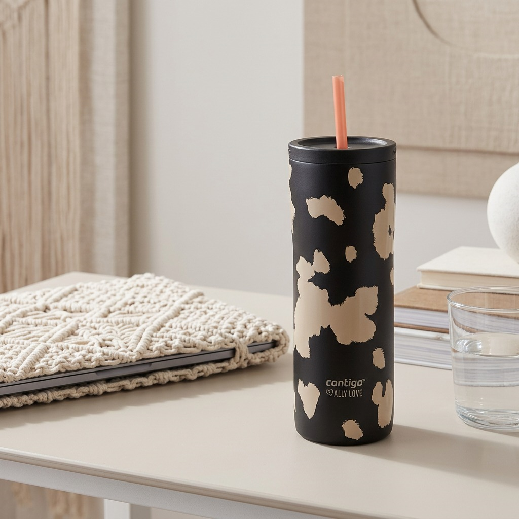Contigo x Ally Love Streeterville 2.0 24oz Licorice tumbler with a peach straw on a desk.