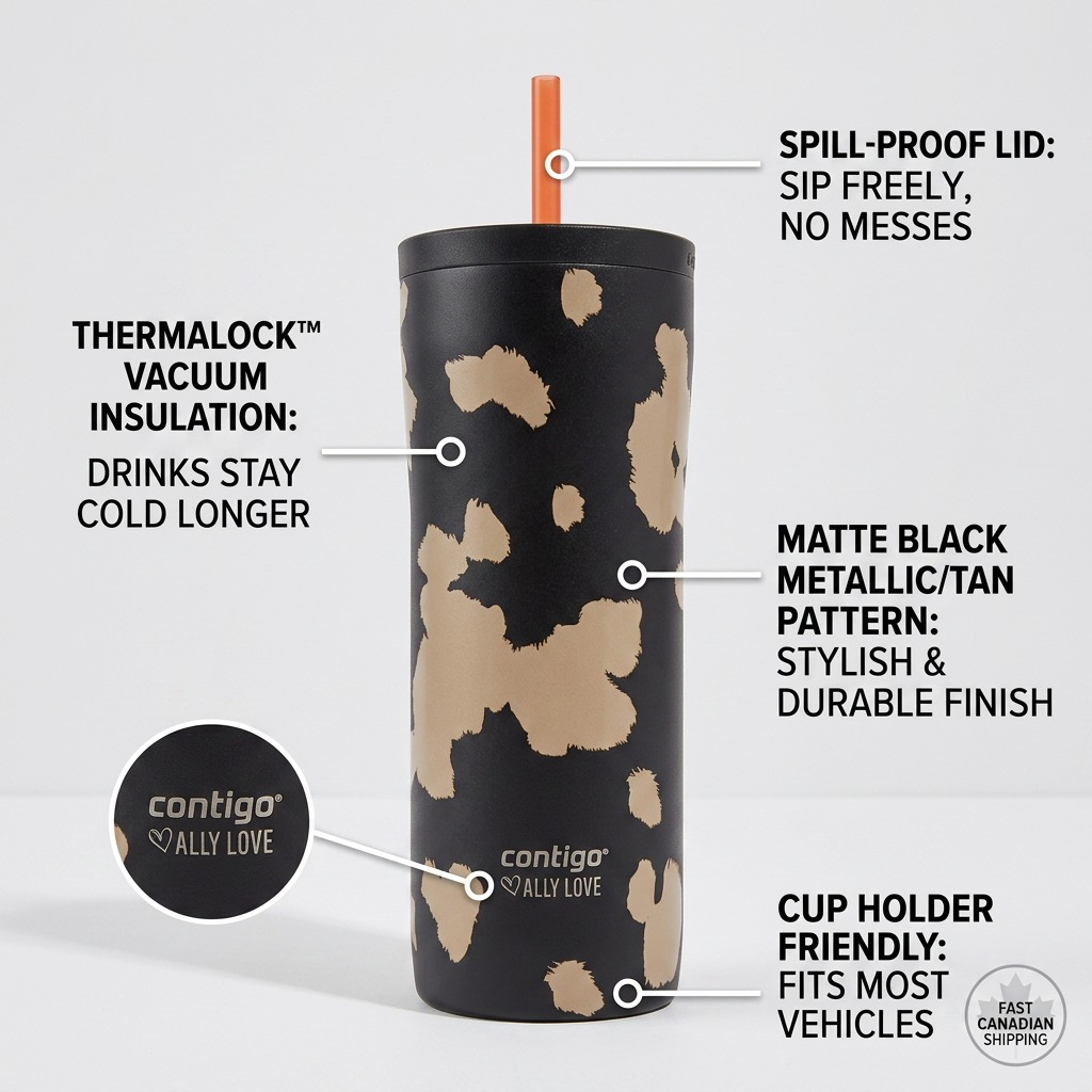 Contigo x Ally Love Streeterville 2.0 Tumbler with features: spill-proof lid and vacuum insulation.