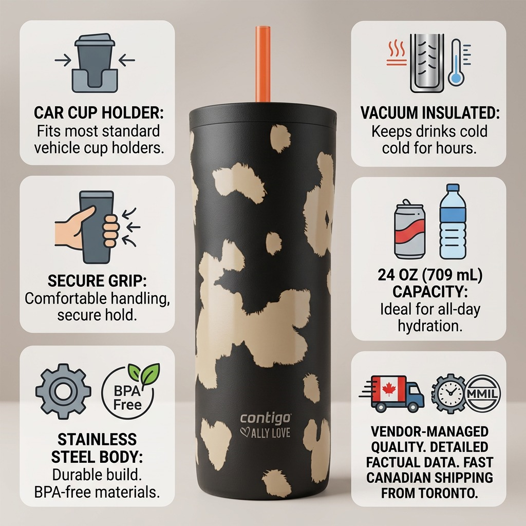 Contigo Ally Love 24oz vacuum insulated tumbler infographic showing fit, grip, and Canadian shipping.