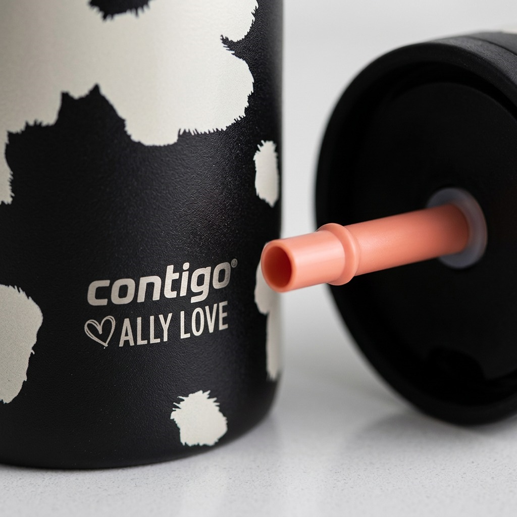 Close-up of Contigo x Ally Love Streeterville 2.0 tumbler, textured Licorice finish and straw detail.