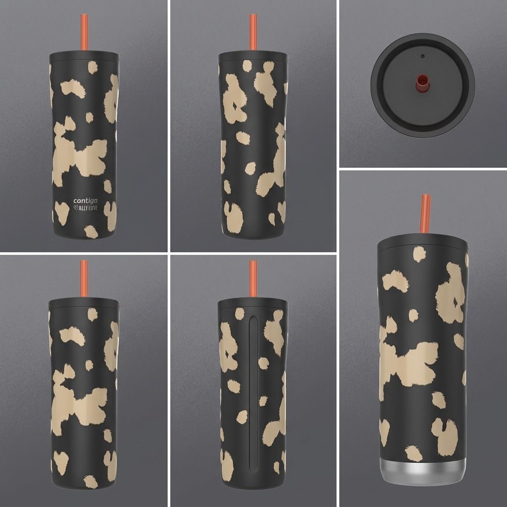 A collage showing the Contigo x Ally Love Streeterville 2.0 Tumbler from multiple angles and top.