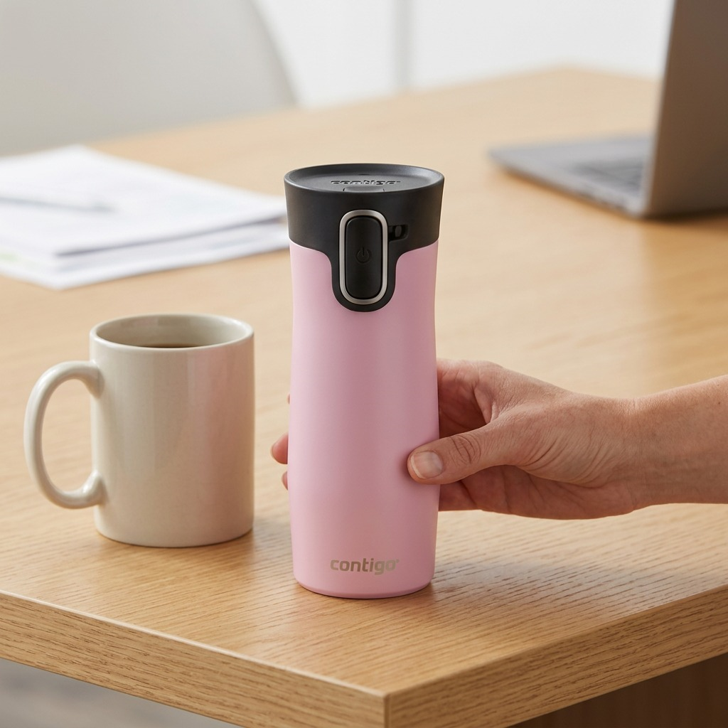 A hand holds a 16oz Contigo West Loop 3.0 Strawberry Cream travel mug next to a standard ceramic cup.
