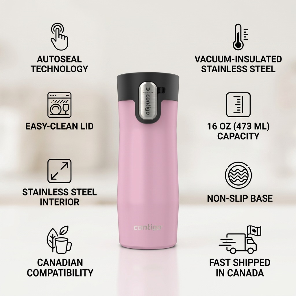 Contigo West Loop 3.0 travel mug infographic highlighting its leak-proof lid and Canadian shipping.