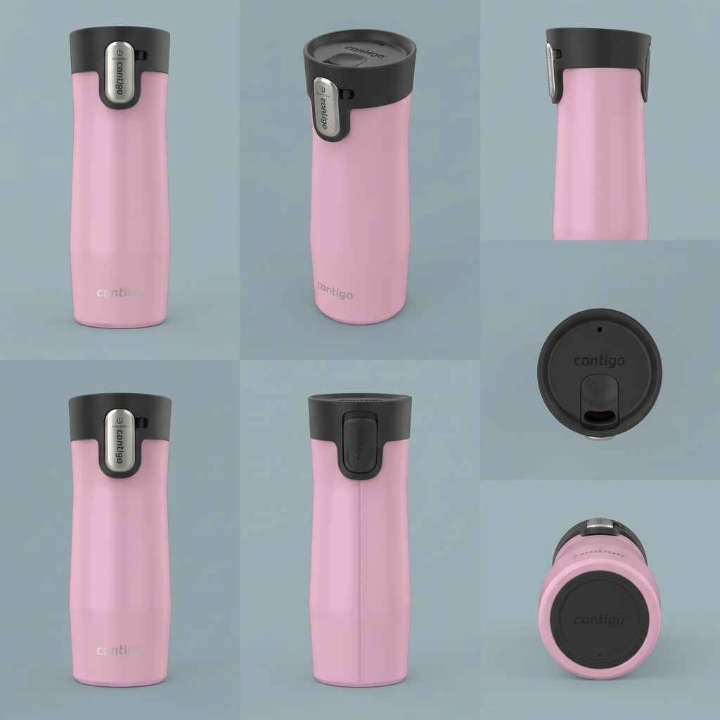 A multi-angle product grid showing the Contigo West Loop 3.0 Strawberry Cream mug from all sides.