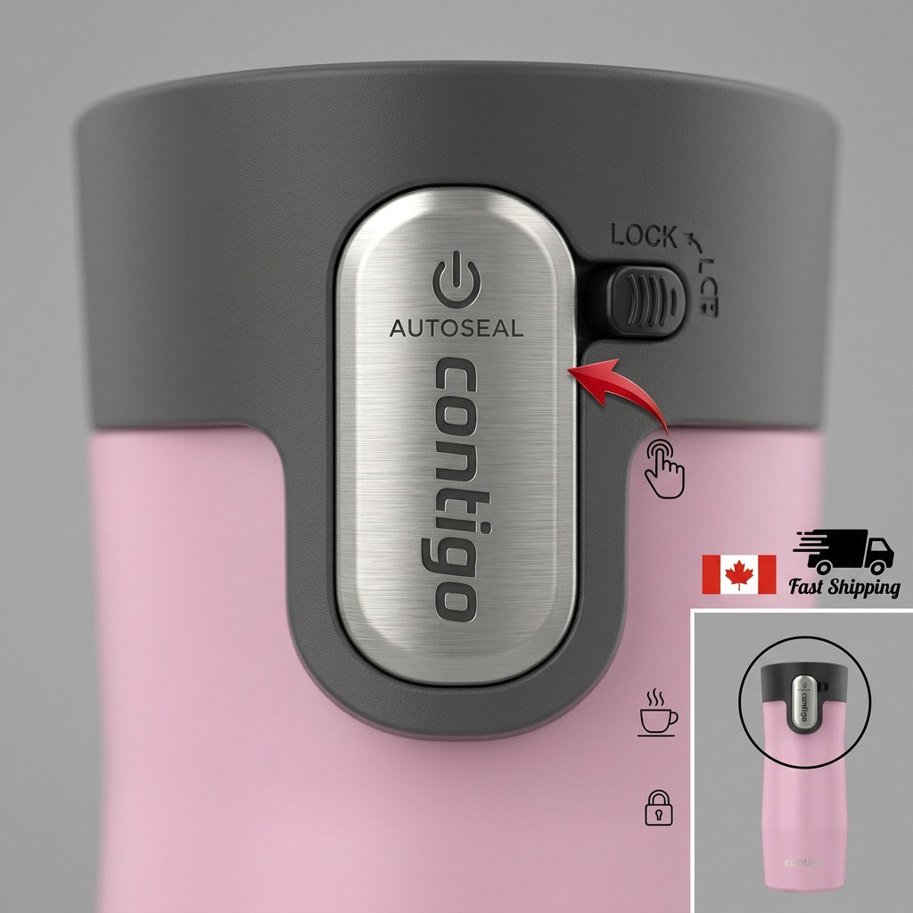 Macro detail of Contigo West Loop 3.0 Strawberry Cream mug showing the silver AUTOSEAL button and lock.