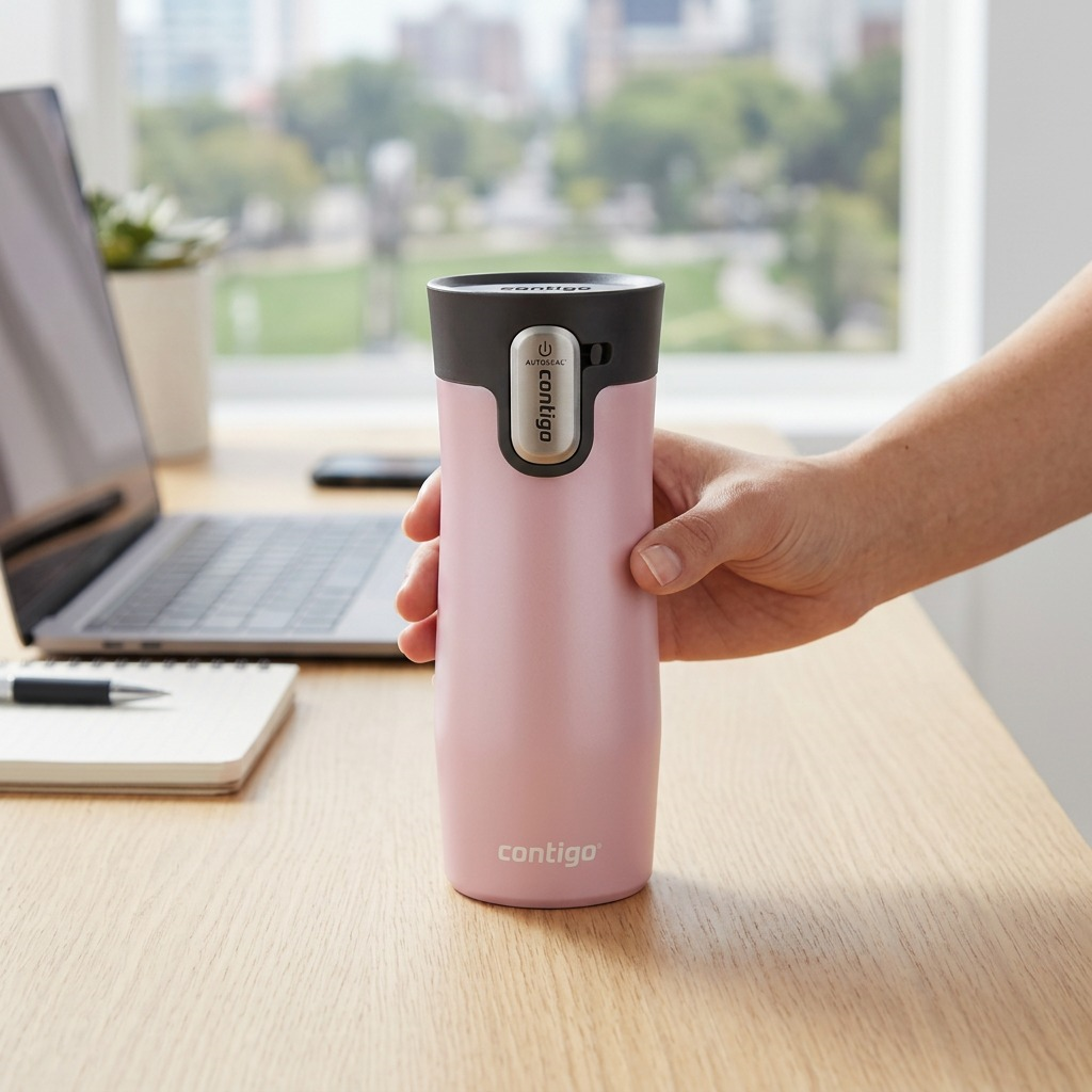 A hand holds a strawberry cream Contigo West Loop 3.0 travel mug on a desk with a laptop.