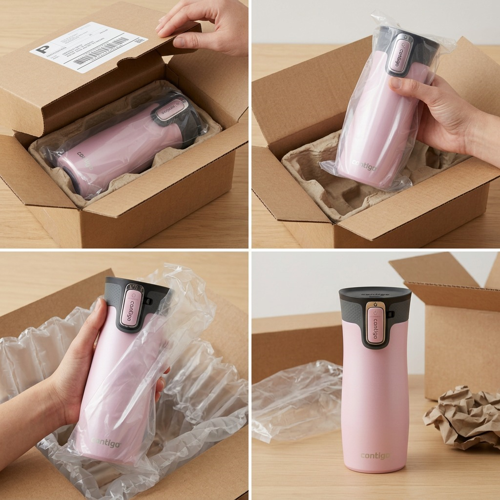 Strawberry Cream Contigo West Loop 3.0 travel mug unboxing from secure cardboard shipping package.
