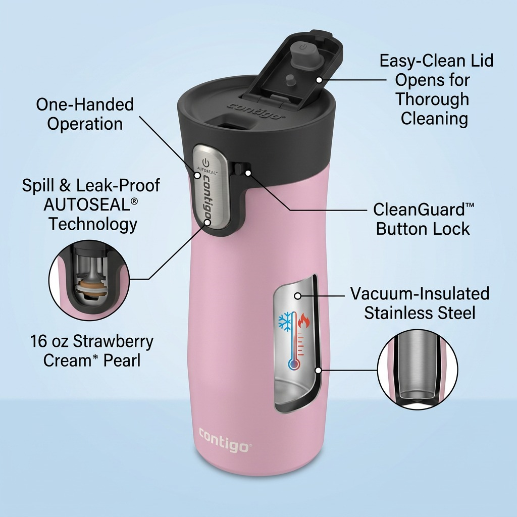 Contigo West Loop 3.0 mug in Strawberry Cream highlighting AUTOSEAL technology and insulated steel.