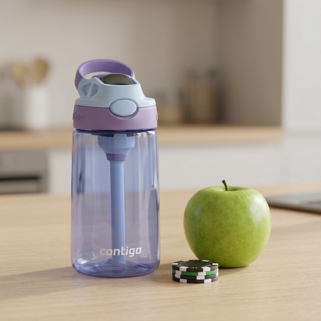 Periwinkle Contigo kids' water bottle next to a green apple for size and scale reference.