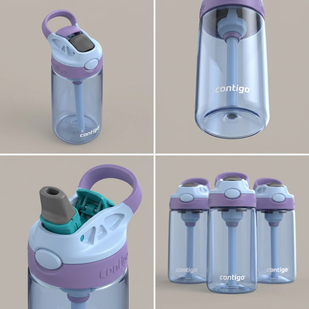 Four views of the Contigo 14 oz Autospout Kids’ Water Bottle in Periwinkle Amethyst showing the spout.