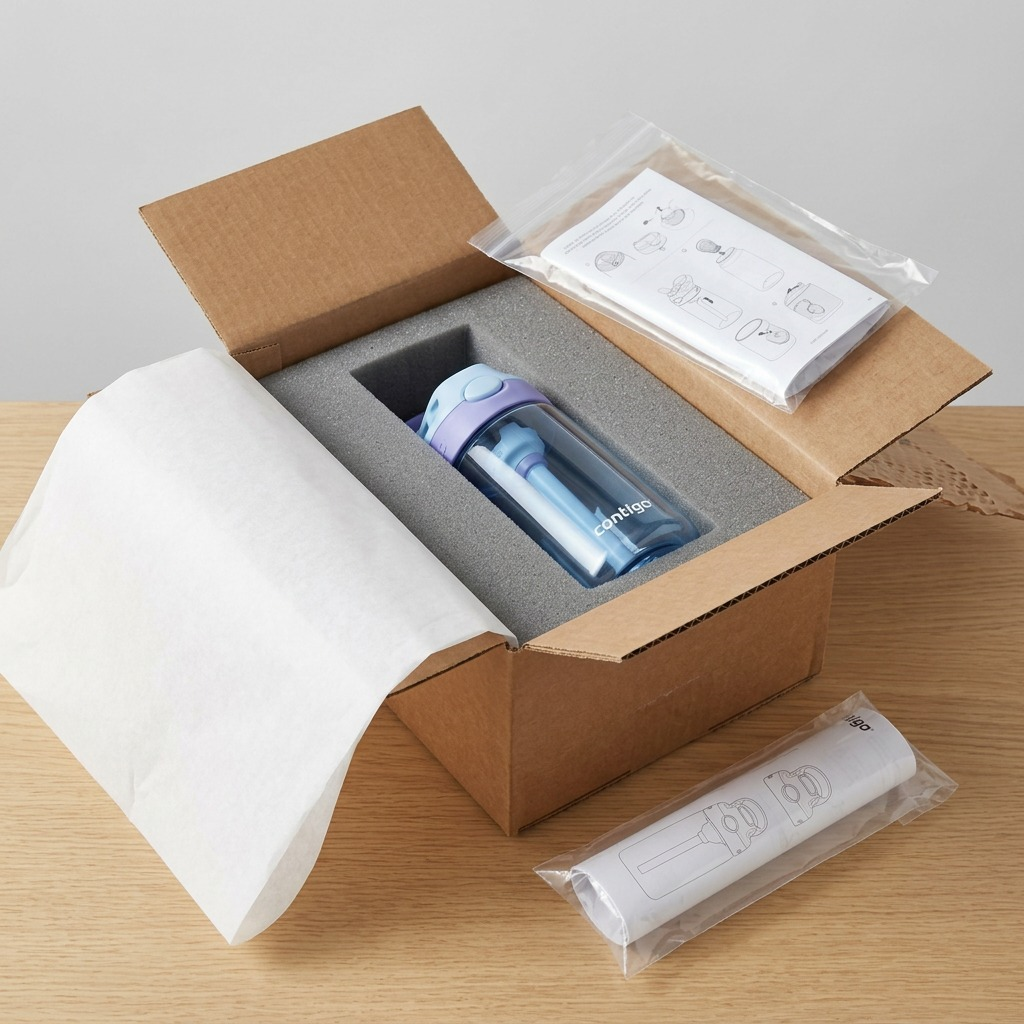 A Contigo Autospout 14 oz bottle safely cushioned in foam padding inside a secure shipping box.