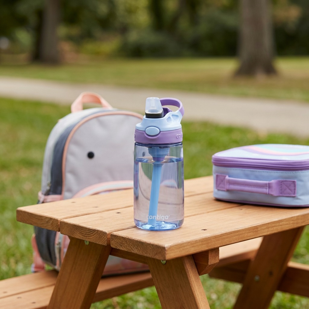 A 14 oz Contigo Autospout Kids' Water Bottle in Periwinkle Amethyst on a picnic table outdoors.