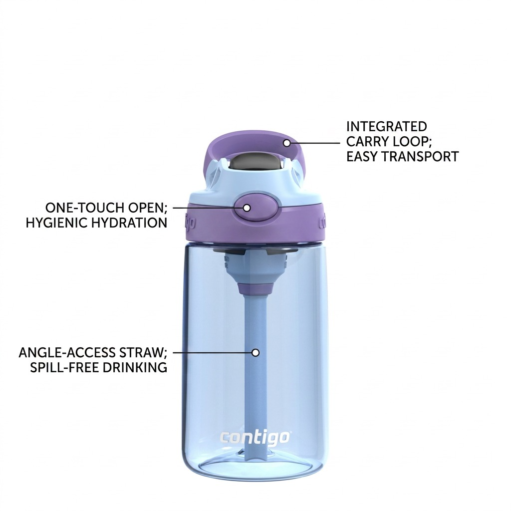 Contigo 14 oz kids' water bottle features: integrated carry loop, one-touch spout, and angled straw.