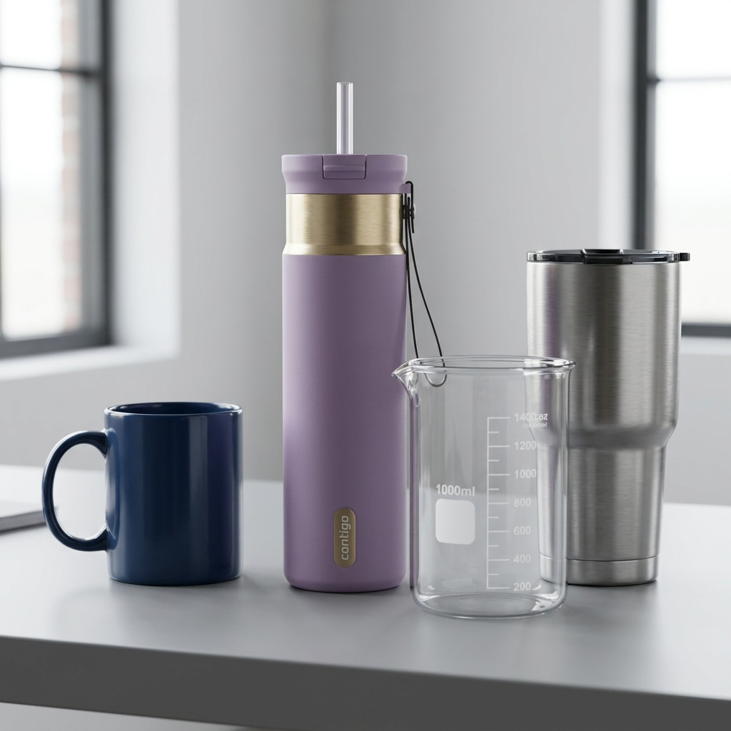 A 24 oz purple Contigo Snapseal mug with straw beside a blue coffee cup and 1000ml beaker for scale.