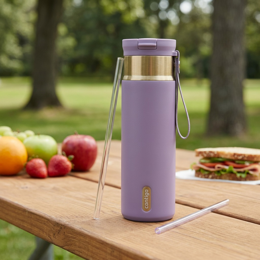 Purple Contigo 24 oz Snapseal travel mug on a park picnic table with fresh fruit and two straws.