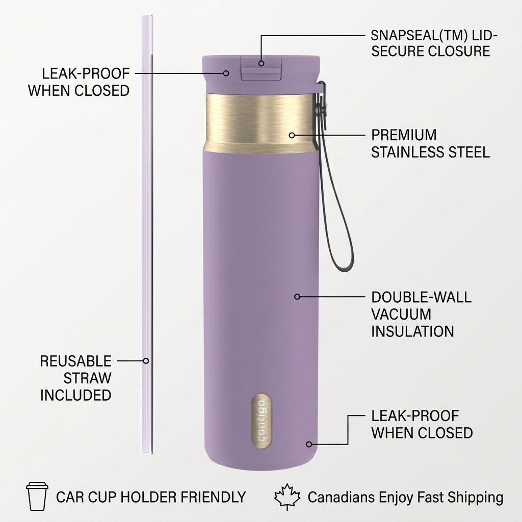 Purple Contigo Snapseal Travel Mug feature diagram highlighting vacuum insulation and leak-proof lid.