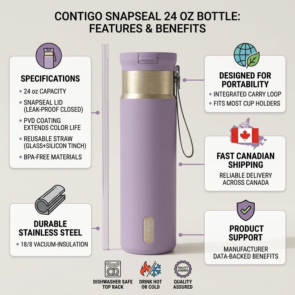 Infographic for Contigo Snapseal 24oz Bottle in Purple Carrot showing leak-proof lid and fast shipping.