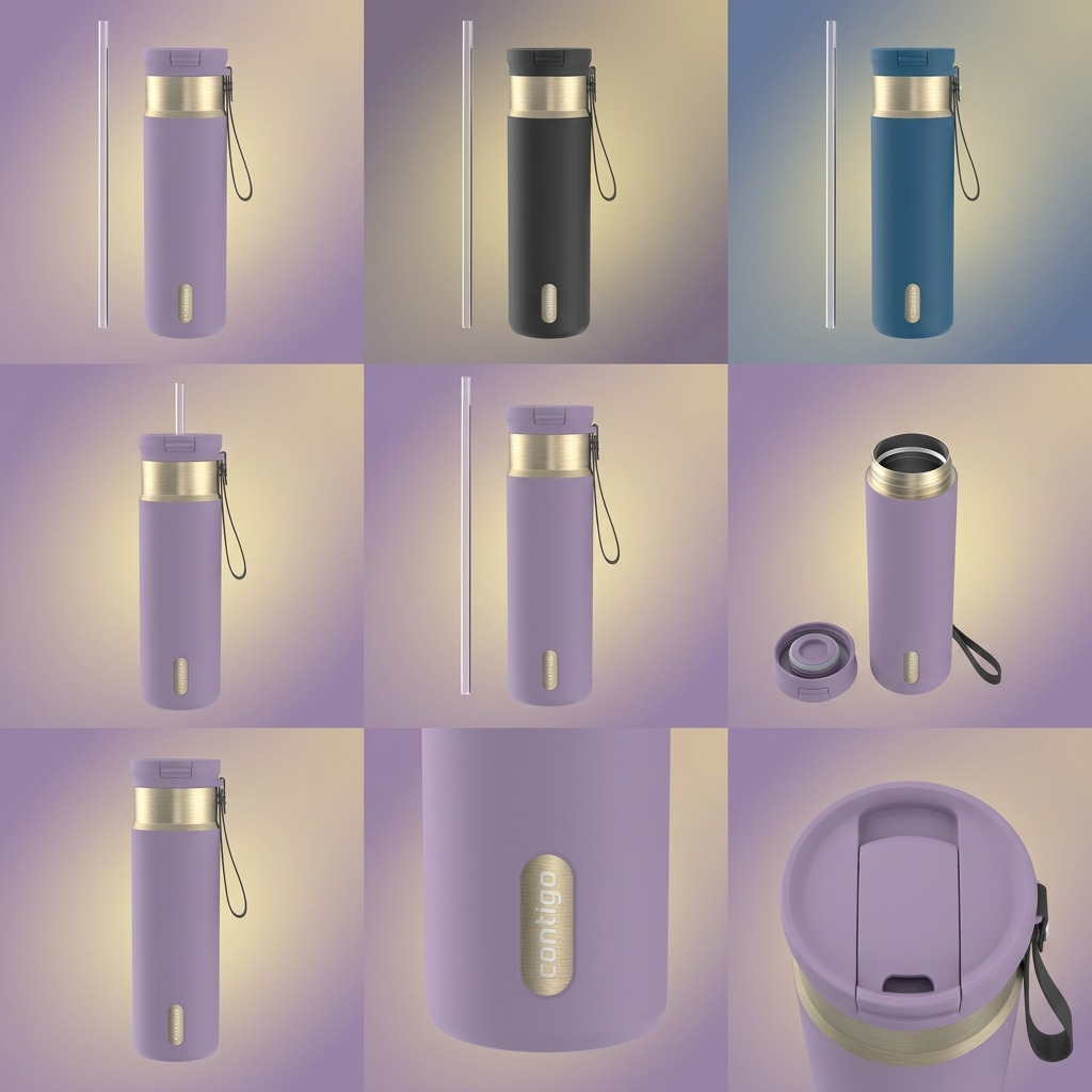 Grid of Contigo Snapseal 24oz travel mugs in purple, black, and blue with lids and straws.